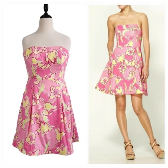 Lilly Pulitzer Hotty Pink Dress Strapless Fit & Flare Floral Pockets Size 14 - Picture 1 of 6